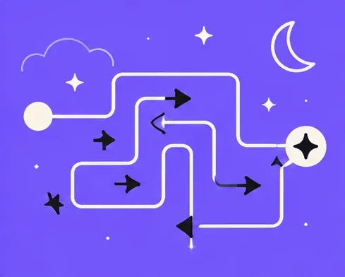 A winding maze path with arrows leading to a star on a purple background