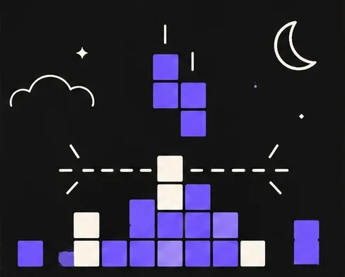 Glowing purple and cream blocks clearing a line on a dark block puzzle board