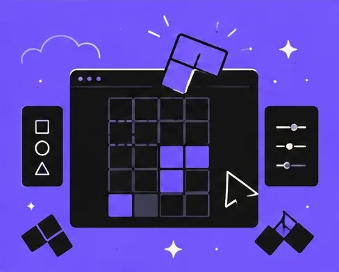A block puzzle board being designed in an editor window with tools and floating pieces