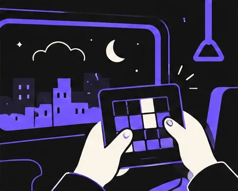 Hands playing a block puzzle on a phone on a night train with a city skyline outside
