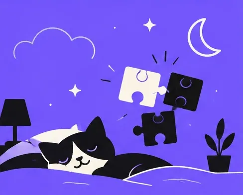 A sleepy black and white cat in bed under a purple night sky with floating puzzle pieces