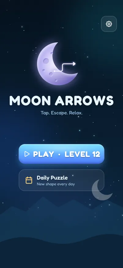 Moon Arrows home screen with a crescent moon, a Play button and the daily puzzle