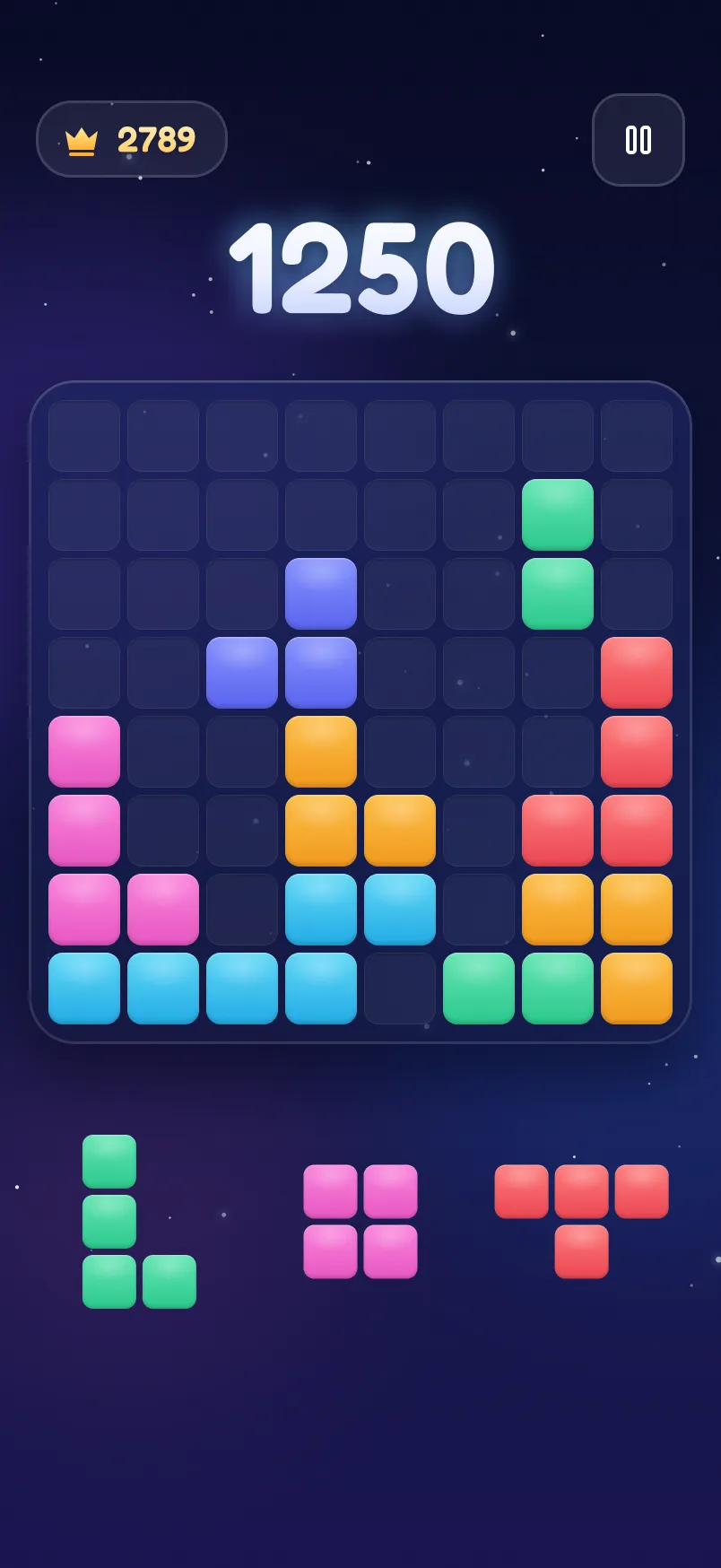 Blockmoon gameplay: colorful blocks on an 8x8 board under the night sky