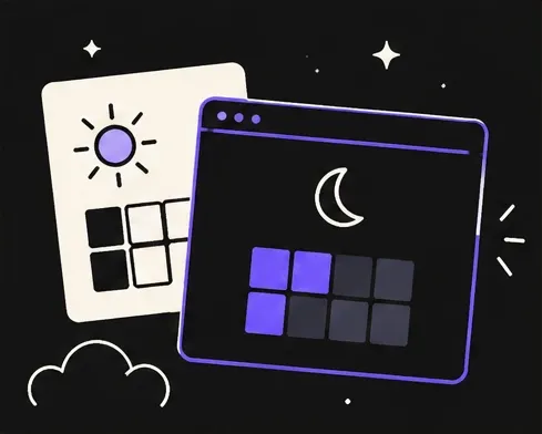 A bright light mode screen behind a calm dark mode screen with a moon
